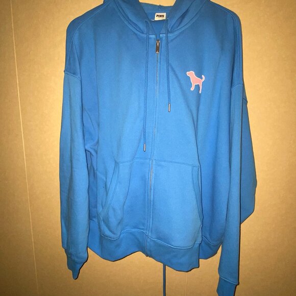 PINK Victoria's Secret Ivy Fleece Campus Full-Zip Hoodie Blue Charge big dog MIP - Picture 5 of 6